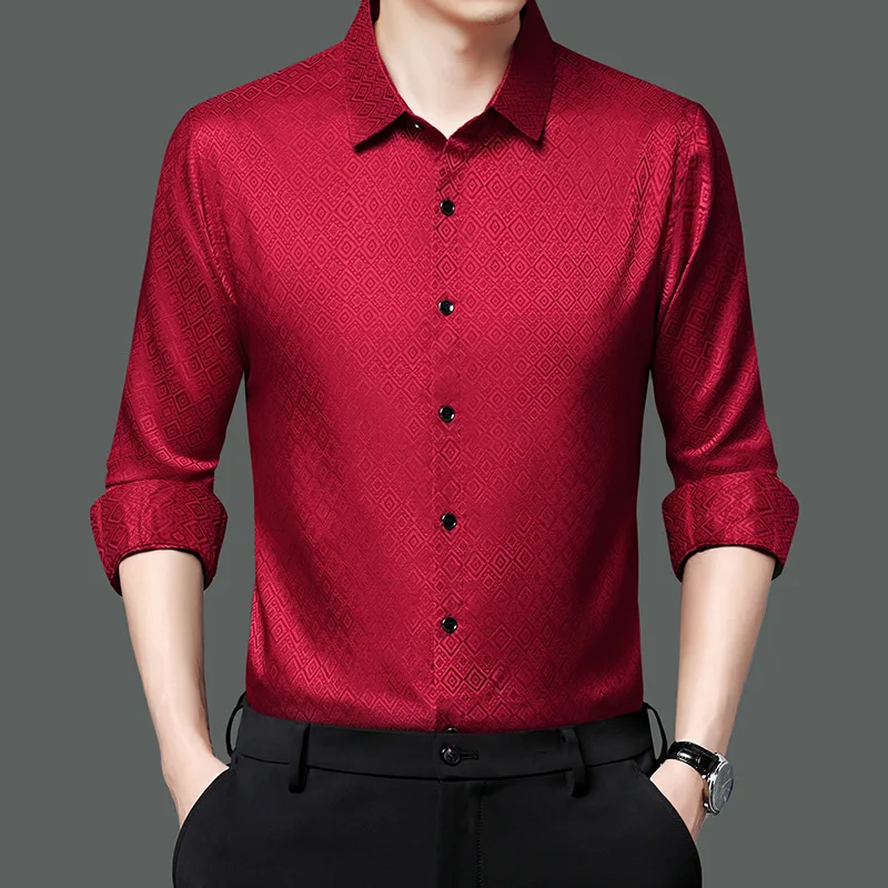 Men's Dress Red Shirts For Wedding Festive Long Sleeve Lapel Carnival Christmas Shirts Male Trend Banquet Nightclub Party Shirts