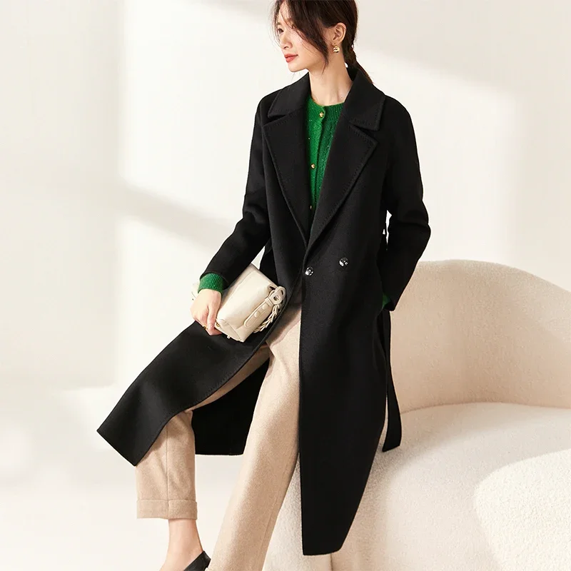 SENTUBILA Women 100% Wool Long Wrap Coat 2025 Elegant Notched