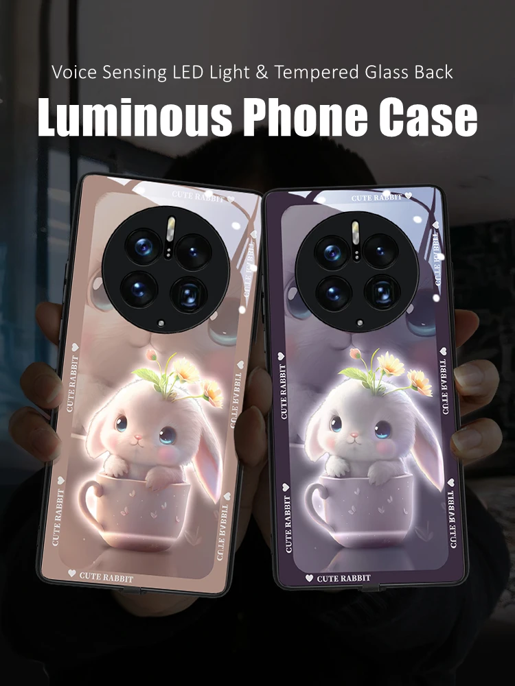 Cute Bunny Colorful LED Light Glowing Luminous Tempered Glass Phone Case for Huawei P40 P50 P60 Mate 60 40 50 Nova 9 10 Pro Plus