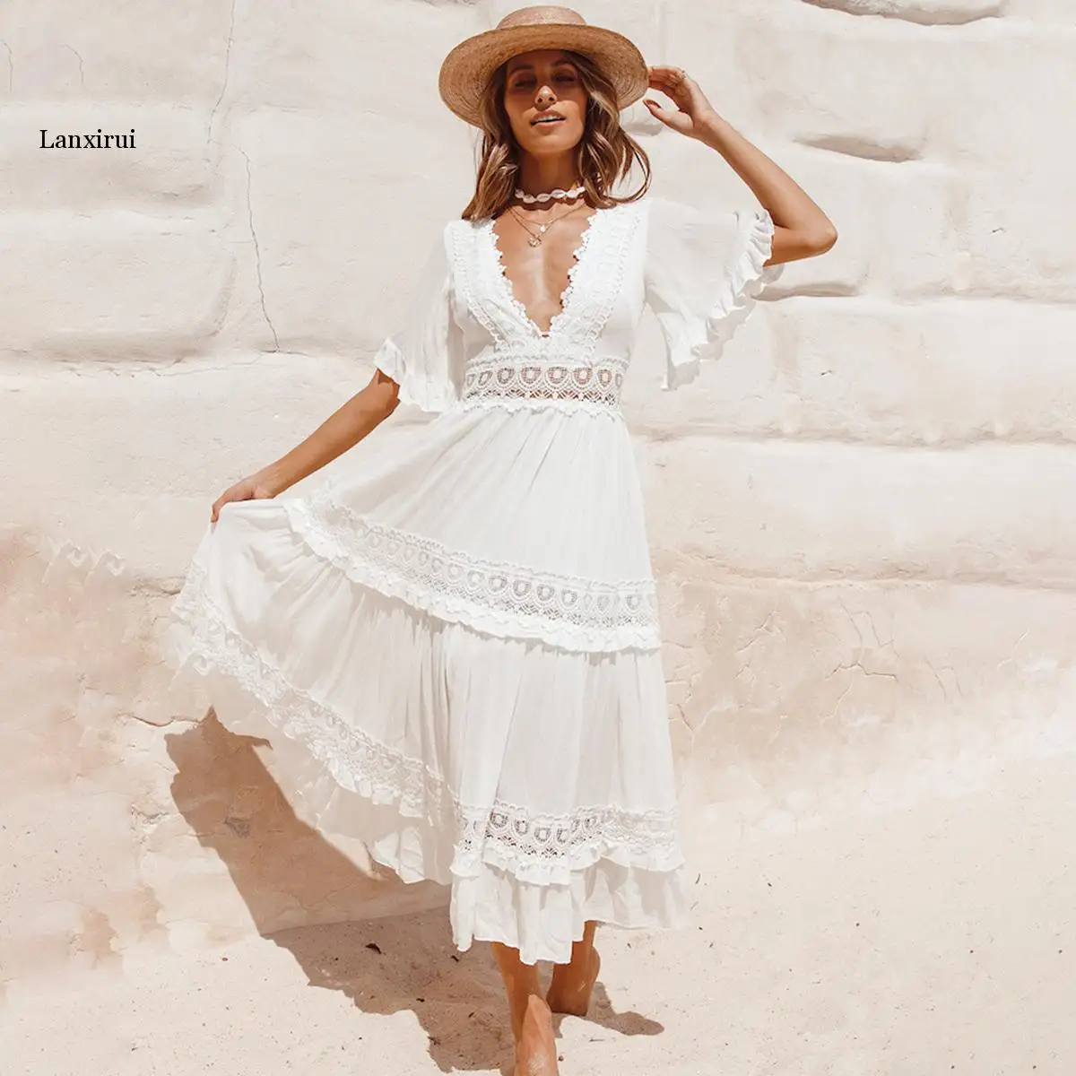 

Summer Women White Lace Trim Maxi Beach Dress Vacation Party Backless Ruffle Sleeve Flared A-Line Long Dress