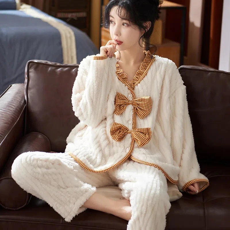 

Warm Women Pajamas Sets Winter Lady Long Sleeve Shirt+Pants Home suit Flannel Thick Pijama Female set Pijama Feminino