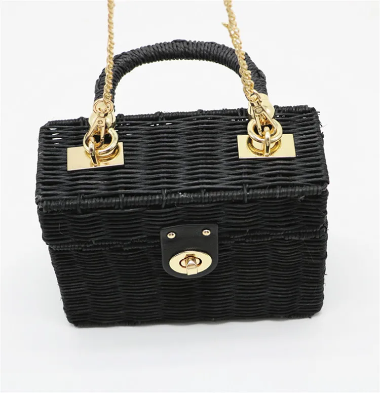 Novo rattan preto palha bolsa de ombro