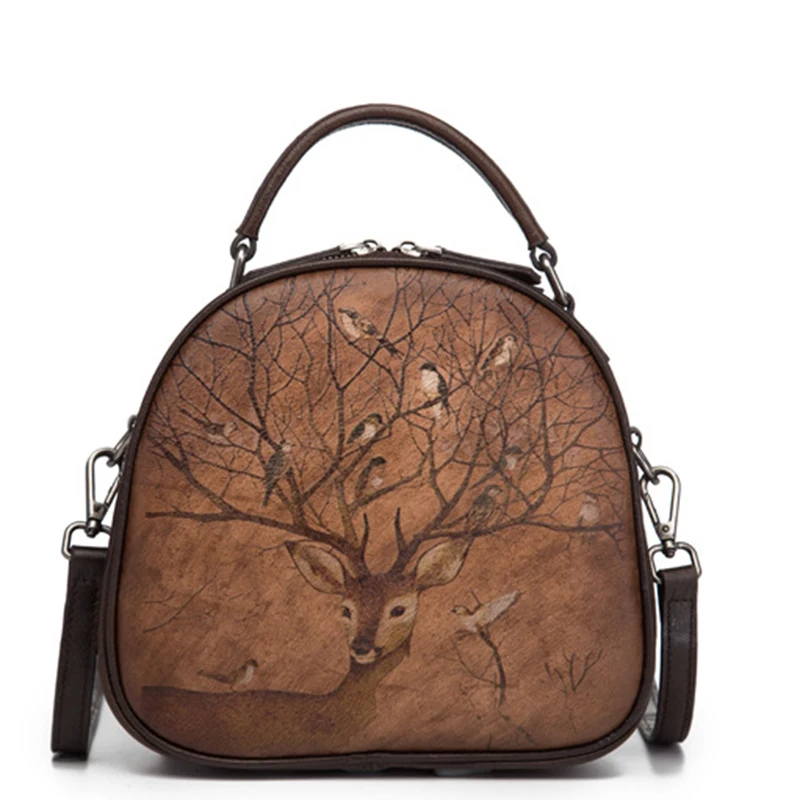 

Women's Leather Top-handle Bag Retro Genuine Leather Circular Bags For Female Vintage Deer Pattern Shoulder Bag Ladies