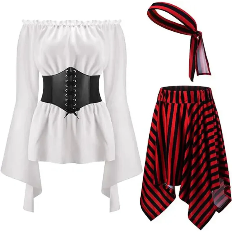 

4 Pcs Women Pirate Cosplay costume Renaissance Blouse Tops Corset Wait Bell Pirate Skirt stripes Head scarf Accessories Outfit