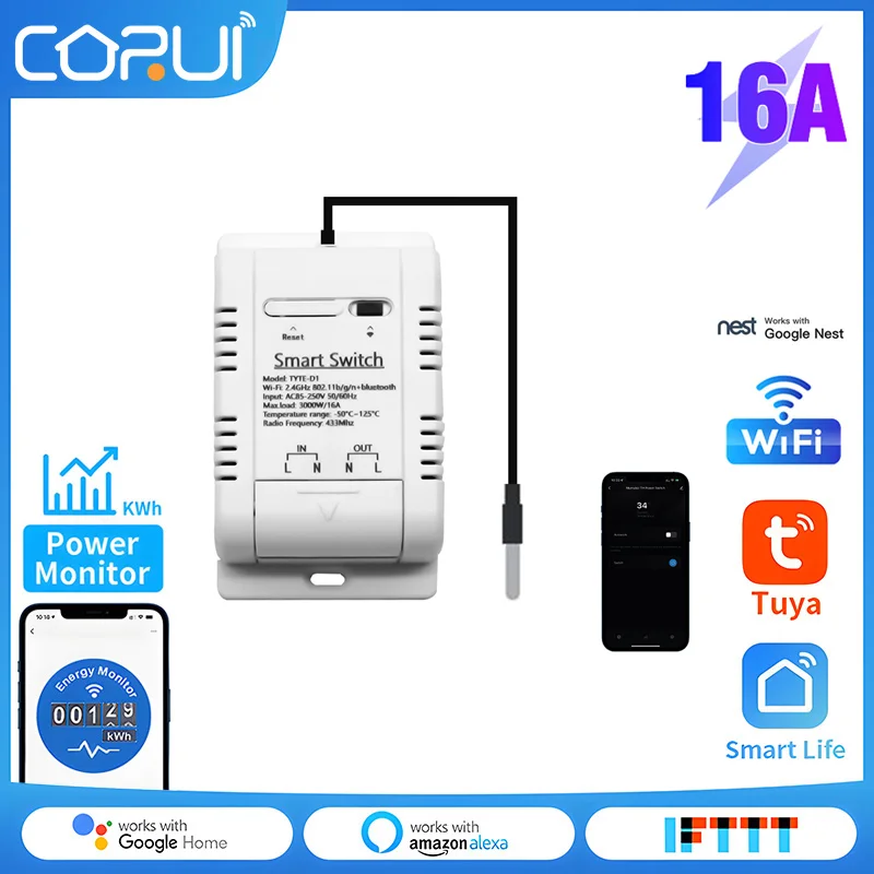 

CoRui Wifi Smart Temperature Switch 16A 3000W Energy Consumption Monitoring RF433 Smart Thermostat Compatible Alexa Google Home