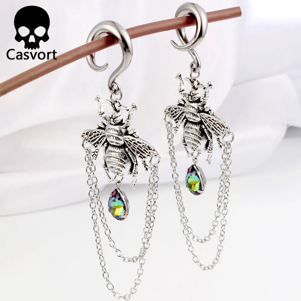 Casvort 2PCS Vintage Goldene Biene Ohr Gewicht Kleiderbügel Ohrringe Haken Baumeln Bahre Frauen Piercing Körper Schmuck Expander – Detail 4