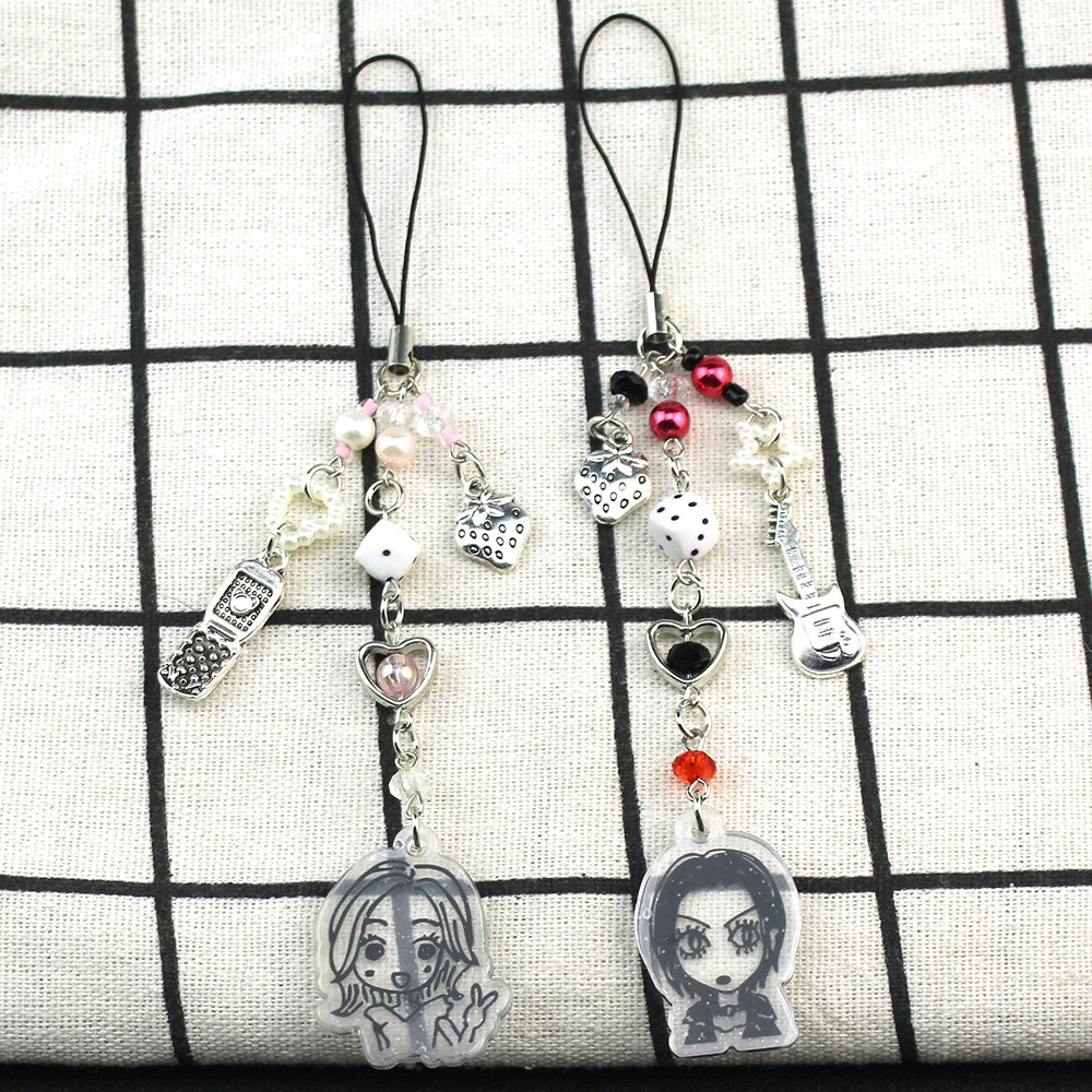 Acrylic Girl Avatar Cell Phone Chain Phone Light Sub Wind Guitar Beaded Pendant Card Book Coo Chain Keychain Bag