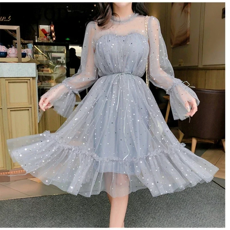 

Women Elegant Bling Gauze Princess Puff Dresses Spring Autumn New Female O-neck Stars Sequined Mesh Shiny Fairy Dress