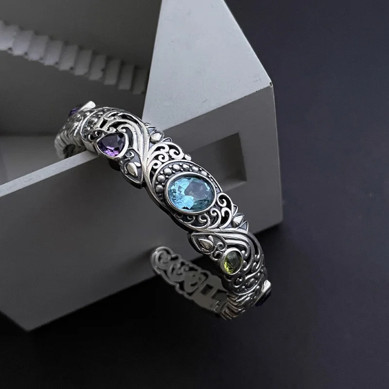 Silver Bracelet 925 Sterling Blue Purple Stone For Woman Girl Jewelry Gift