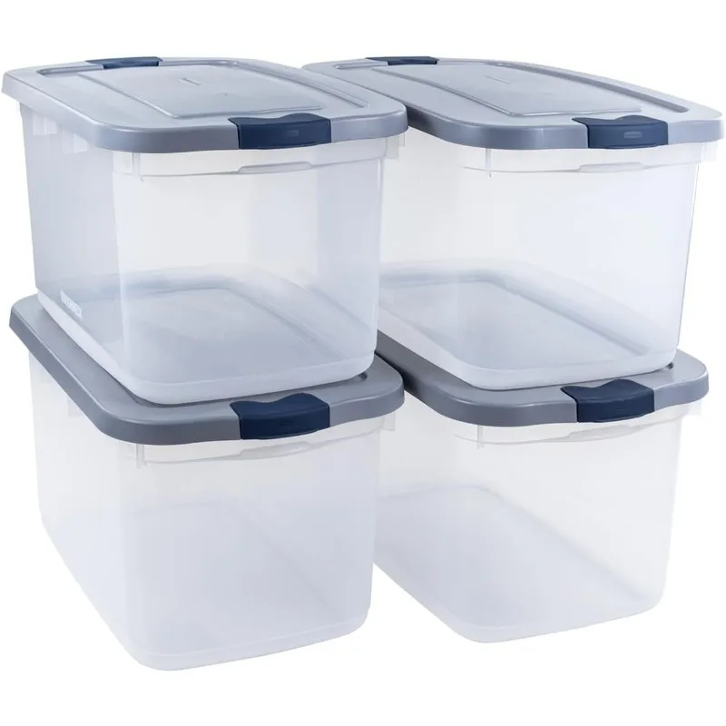 

Rubbermaid Roughneck Clear 66 Qt/16.5 Gal Storage Containers, Pack of 4 with Latching Grey Lids, Visible Base, Sturdy