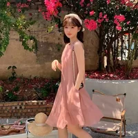 French Fairy Princess Dress Sleeveless Sweet Pink A- Line Skirt Mesh Miniature Holiday Style Dress round Neckline Knee-Length