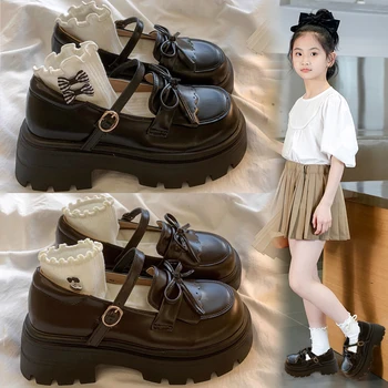 Kids Shoes Black Leather Mary Janes Girls Shoes Bow Thick Sole Casual Party Shoes Toddler Little Girls Fashion Footwear Shoes 1
