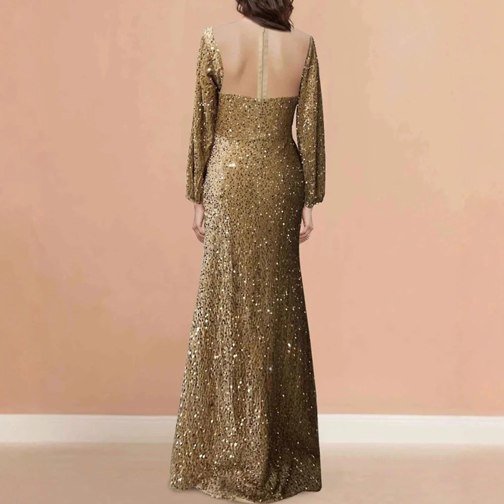 Women Luxury Sequins Party Dress Asymmetrical Neck Bell Sleeve Bodycon Evening Long Dress Fashion Split Hem Elegant Maxi Dresses 2