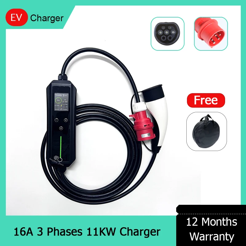 

Mode 2 Type 2 Portable AC Ev Car Charger Station Type 2 11kw 16A Fast 450V AC 3 Phases With Timer 2.4inch Screen