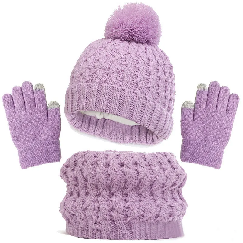 Luxury Fashion Scarves Children Knitted Beanie Cap Cute Pompom Baby Hat Winter Hat Scarf and Gloves 3pcs Set For Girls Boy