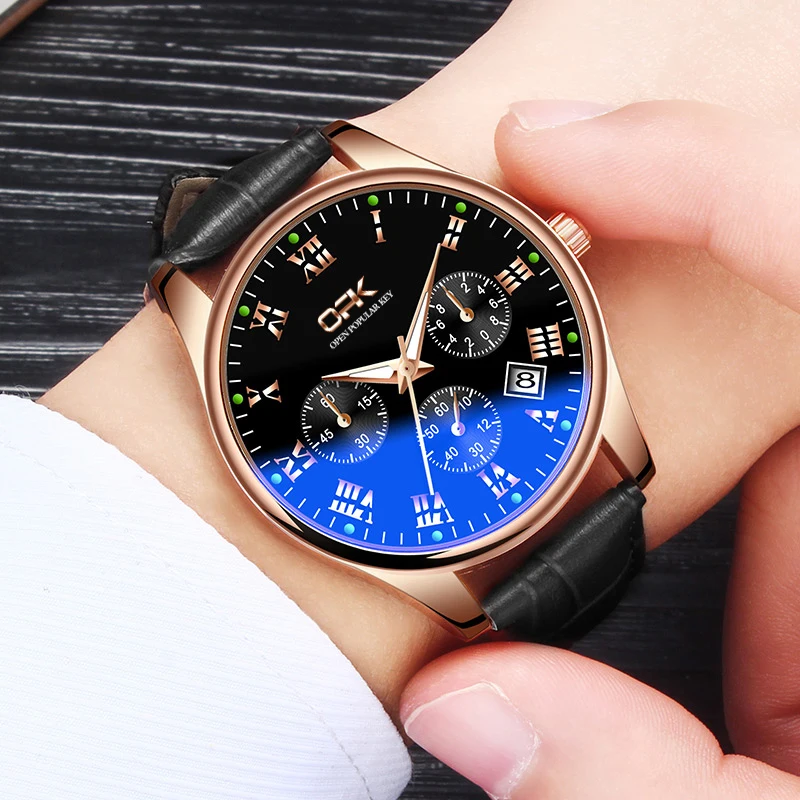 OPK brand belt luminous waterproof single calendar men's quartz