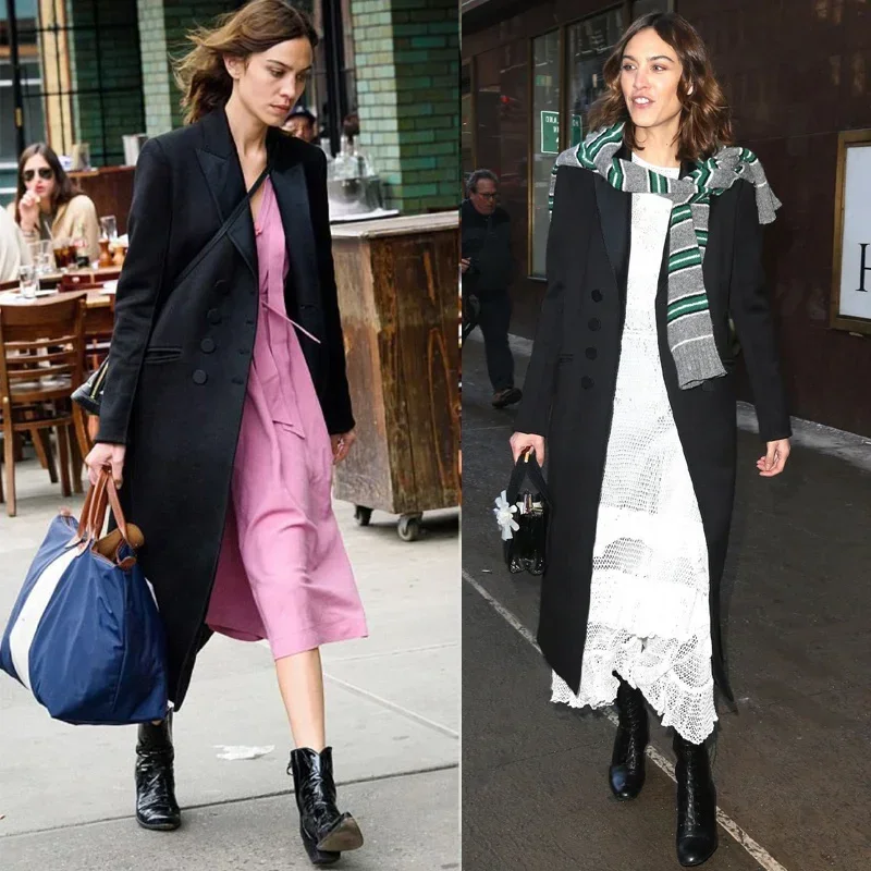 

Alexa Chung, Miss Zhong, Same OL Style Suit Collar, Mid length Black Fashion Trench for Women, Spring 2022