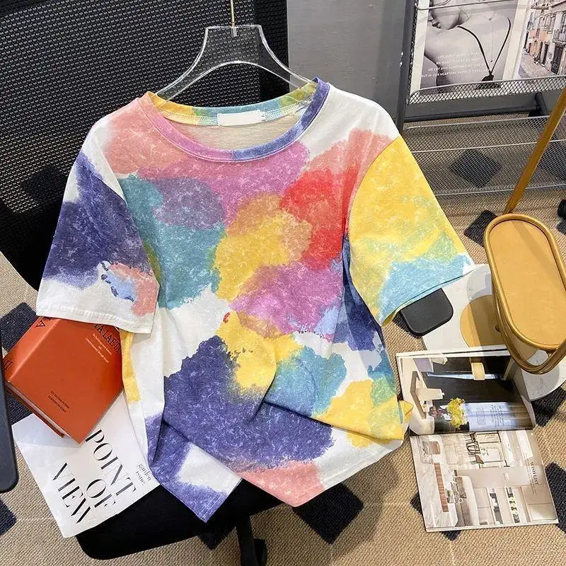 

Summer New Round Neck Fashion Short Sleeve T-shirt Women High Street Casual Loose Tie Dye Pullovers Comfortable All-match Tops