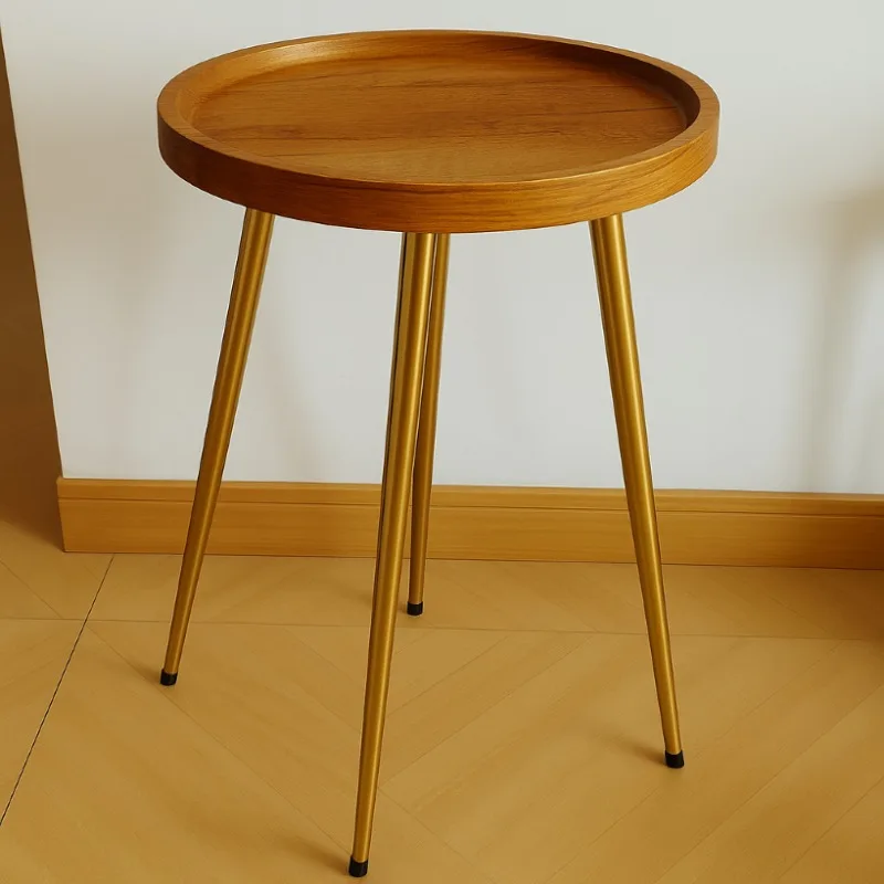 Elegant Round Oak Coffee Table with Golden Frame