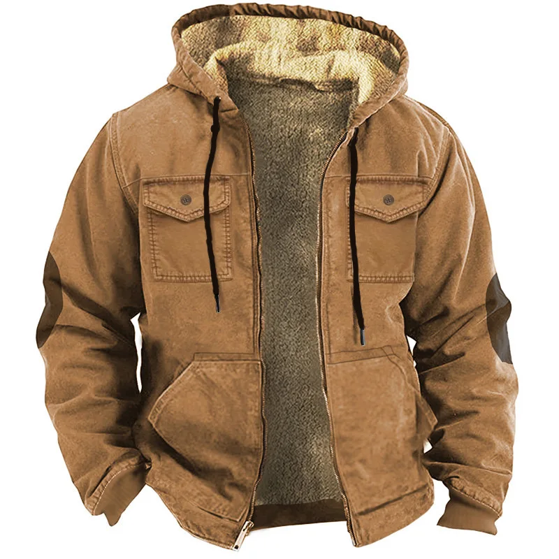 Men's Winter Fleece Hoodies Solid Patchwork Fashion Hooded Windbreaker Jacket Male Loose Work Wear Clothes Sweatshirt Outwear