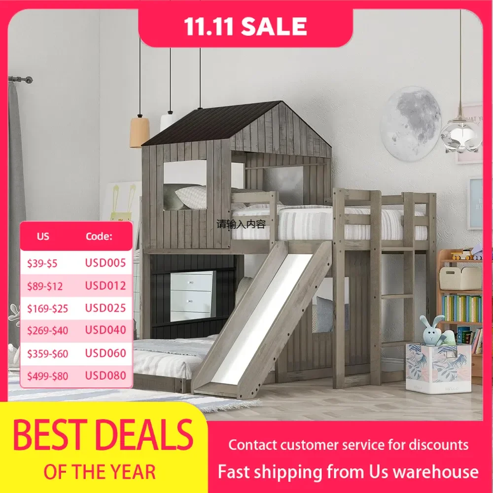 Bunk Bed for Kids Toddlers, Twin Over Full Bunk Beds with Slide, Playhouse Farmhouse Roof Window Guardrail Ladder