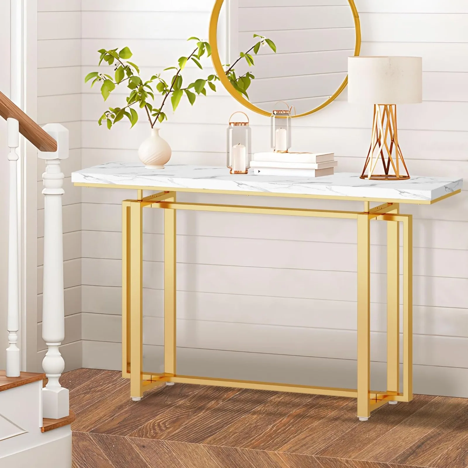 

US 55’’ Gold Console Table, Marble Pattern Top Entry Table