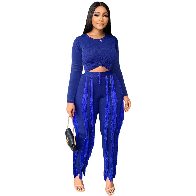 Women 2 Piece Pants Sets 2023 Tassel Solid Color Tops And Pants Suits Sweatpants Outfits Woman Two Pieces Sets Tracksuits Female