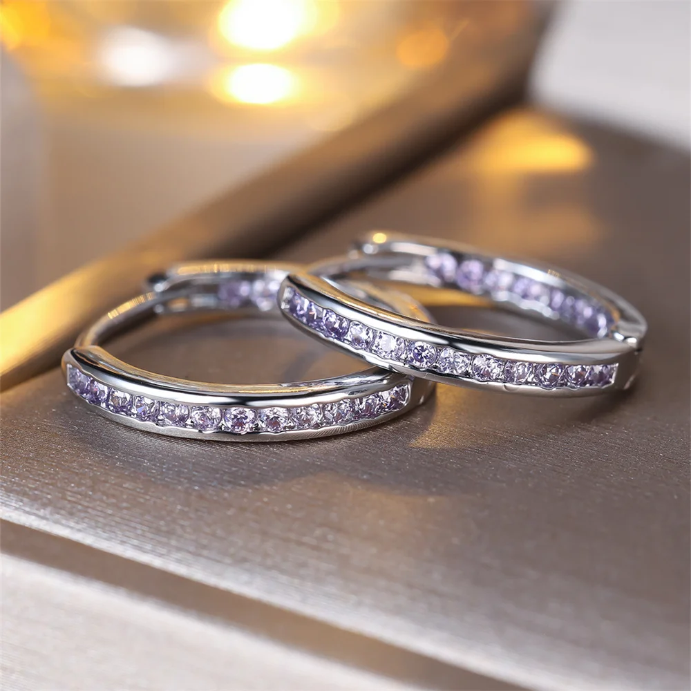 Single Row Small Round Hoop Earring Charm Purple Crystal Stone Earrings For Women Vintage Rose Gold Silver Color Wedding Jewelry