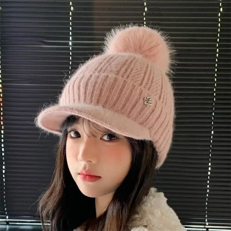 Pom-Pom-Baseballmütze im koreanischen Stil, Winter, niedlich, warm, gestrickt, Damenmütze, Outdoor, Radfahren, kältebeständig, warm, Baseballmütze, Wintermütze – Detail 2