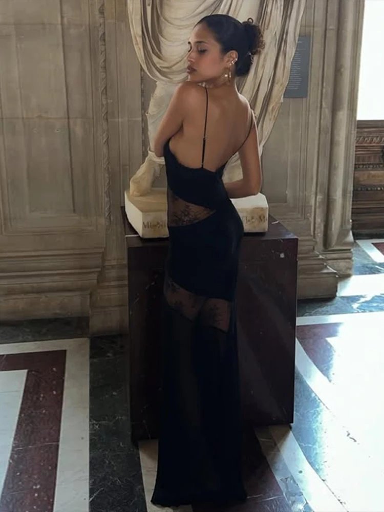 Sexy Lace Sling Dress Women See Through Backless Hollow Out Sleeveless Robe Female 2025 Fashion Beach High Waist Dresses Lady 4