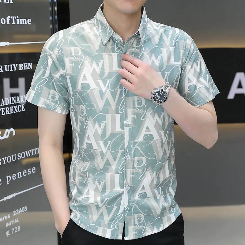 Summer Men's Thin Ice Silk Short Sleeve Shirt Fashion Oversized Business Casual Versatile Top Handsome Slim Fit Printed Shirt