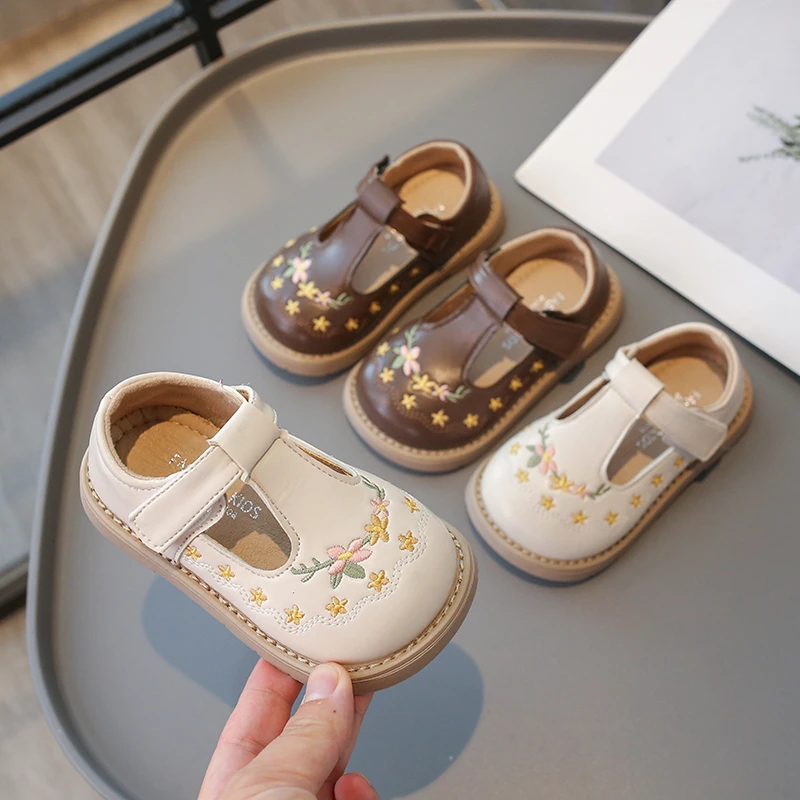 Leather Shoes Girls Shoes Girls Flats Retro Girls Princess Leather Shoes Spring Children Flowers National Style Dance Shoes Kids Toddler Girls Flats H08074