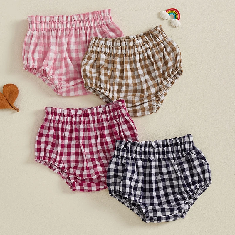 Casual Shorts Cotton Shorts Baby Cotton Bloomers Summer Newborn Baby Elastic Waist Shorts Casual Plaid Print Toddler Bloomers PP Pants Cotton Soft Triangle Baby Girl Shorts