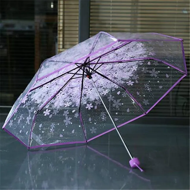 2021 Fashion UV proof sun / umbrella transparent umbrella Cherry Blossom three fold umbrella Semi automatic long handle umbrella 3
