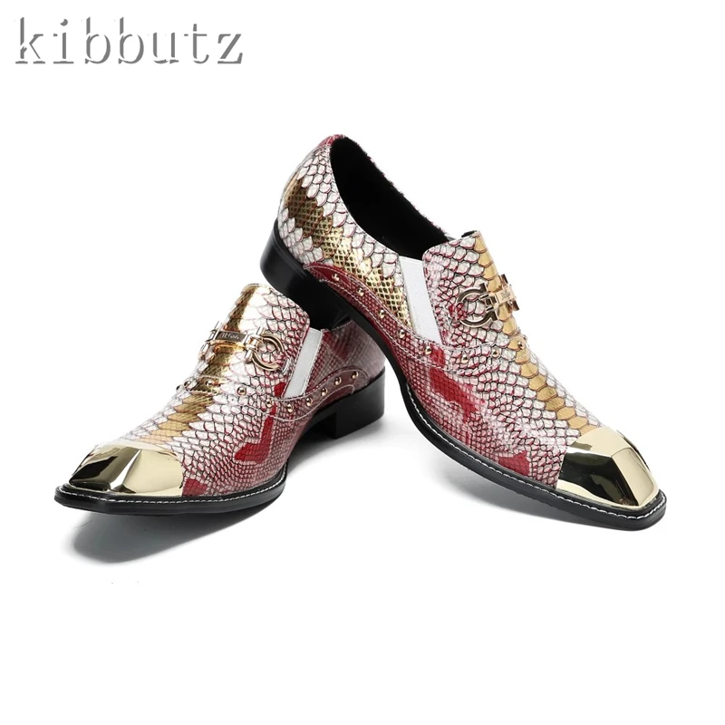 Classic Snake Pattern Genuine Leather Gentleman Shoes Metal Square Toe Slip On Oxford Shoes for Men Fashion Business Office