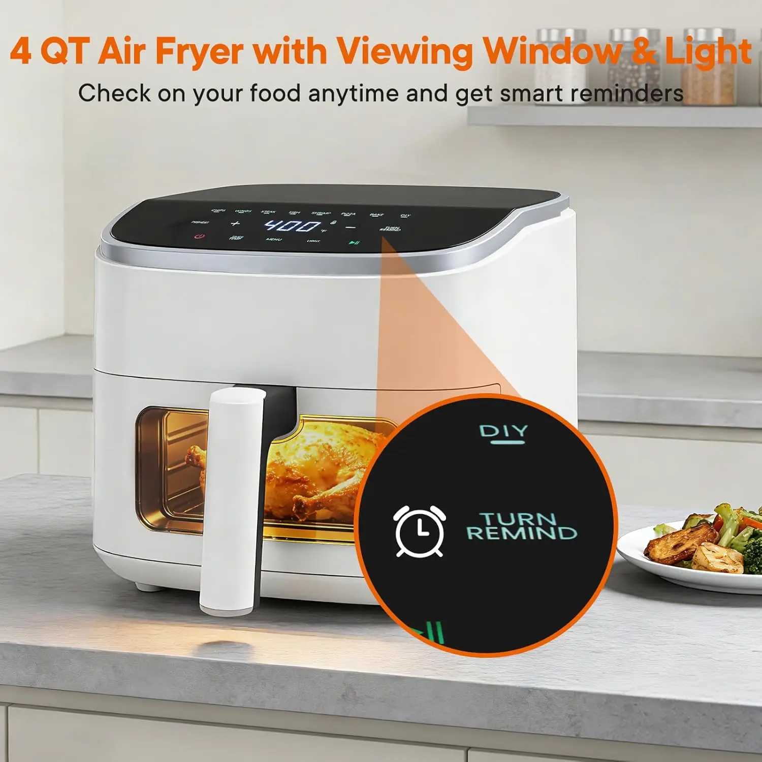 4QT Air Fryer with Visible Window, 1500W Digital Touchscreen Air Fryer with 8 Presets, White 2