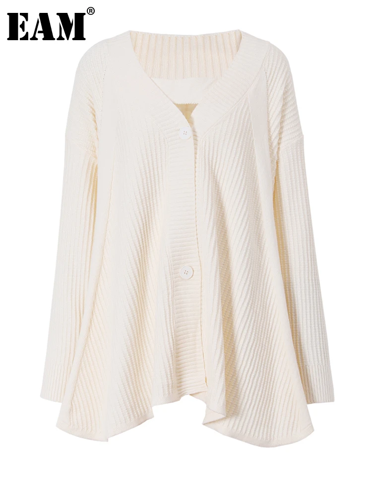

[EAM] Apricot Big Size Knitting Cardigan Sweater Loose Fit V-Neck Long Sleeve Women New Fashion Autumn Winter 2024 1DF044912