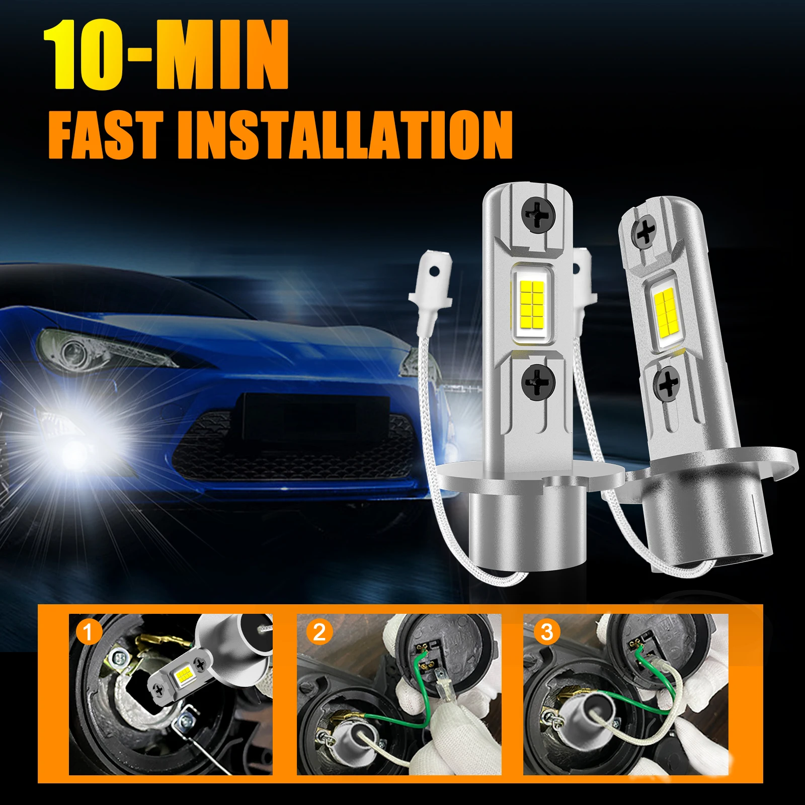 IVOTOW-미니 H3 LED 안개등 및 헤드라이트 전구 2 개, 6000K 화이트 플러그 앤 플레이 변환 키트 팬리스 하이/로우 빔 DRL 램프