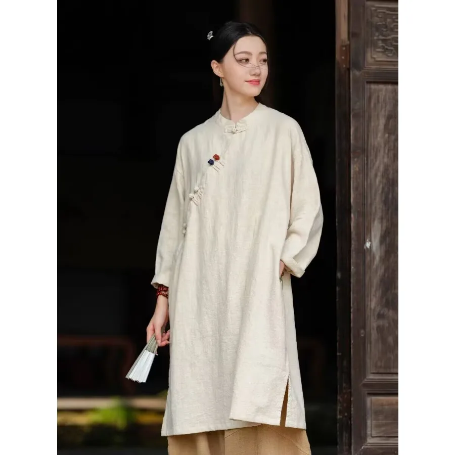 Chinese Style Cotton Linen Dress Autumn Buddhist Zen Clothing Layperson Clothing Diagonal Placket Buckle Robe Retro Cheongsam