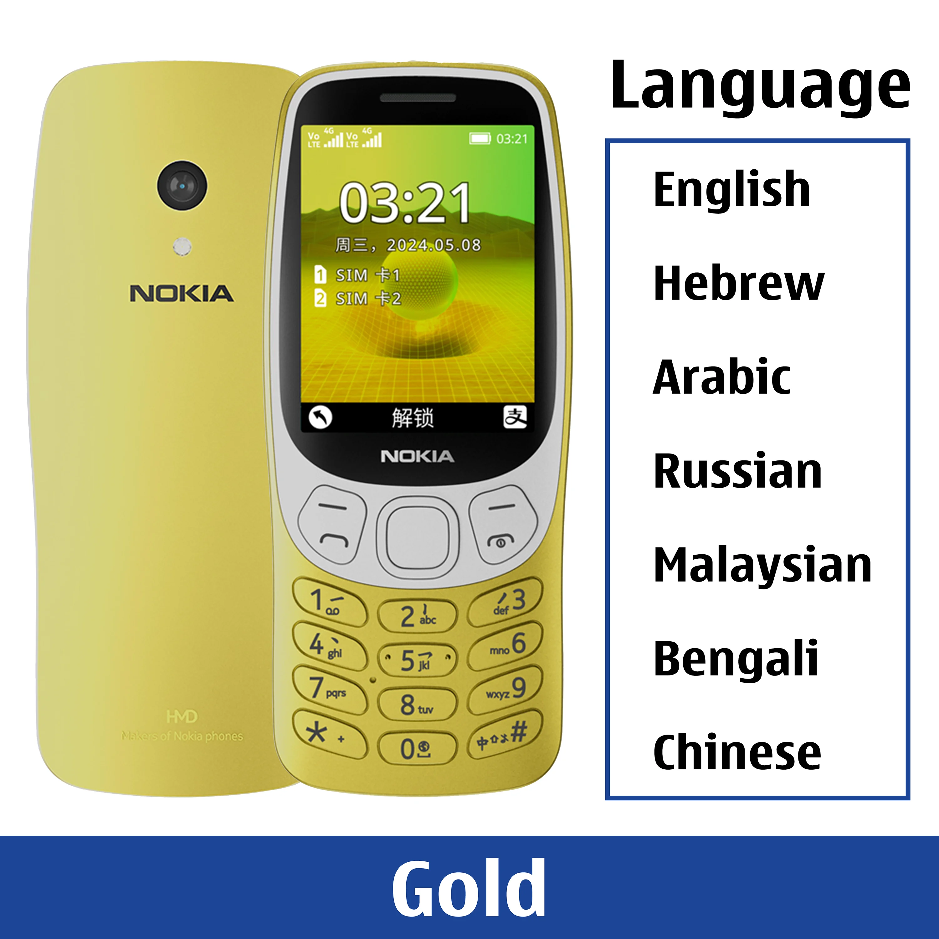 Teléfono móvil Nokia 3210 4G original con doble SIM, puerto tipo C de 2,4", Bluetooth 5.0, radio FM, batería de 1450 mAh y botón pulsador