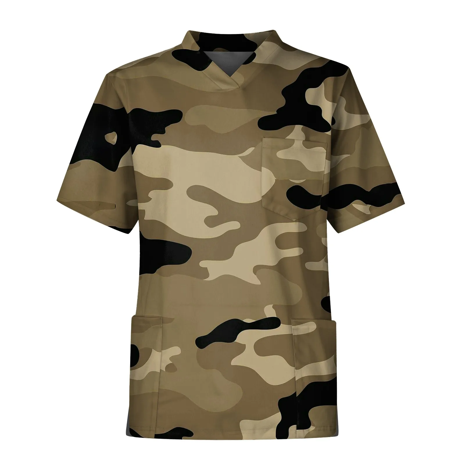 

Men'S Fashion Camouflage Short Sleeve V-Neck Tops Working Pocket Blouse Male Scrub Nurse Working Uniform T-Shirts Workwear Tee