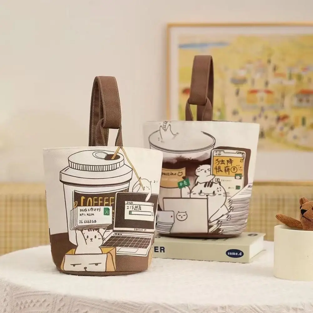 Sweet Large Capacity Cartoon Coffee Cat Bucket Bag Canvas Handbag Shopping Bags Mummy Bag Tote Bag Korean Style Lunch Bag Women