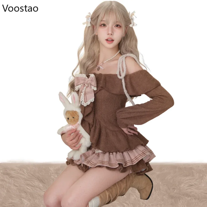 Japanese Sweet Lolita 2 Piece Sets Women Retro Off Shoulder Bow Blouse Tops Plaid Cake Mini Skirt Girls Kawaii Y2k Slim Outfits 3