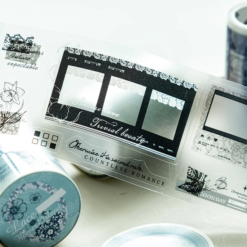 Mr.Paper 200cm/롤 레이스 플라워 아일랜드 시리즈 다이컷 무광 PET 와시 테이프, 빈티지 플로럴 데코 테이프 (스크랩북킹용)