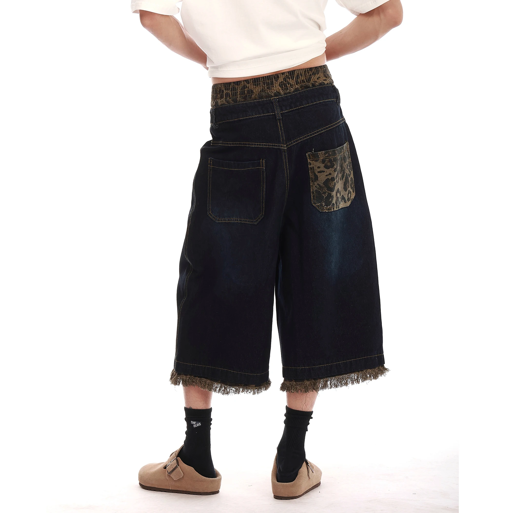 Camouflage Patchwork Capri Pants Oversized Washed Wide Leg Denim Shorts Streetwear Fashion Leopard Raw Edges Baggy Jeans Y2k