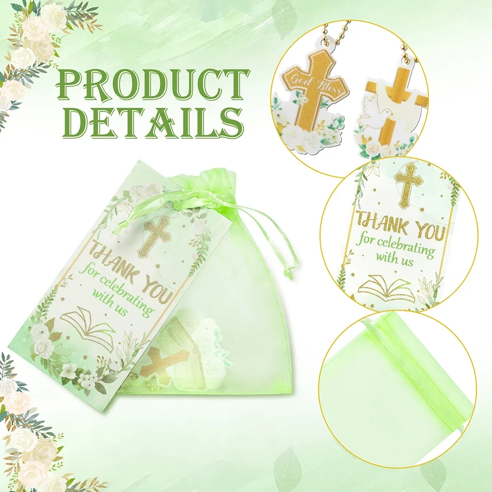Religion Christian God Prayer Keychain Thanks Card Bag Green Ribbon Baptism Cross Baby Showerdecor Gathering Peace Love Gift