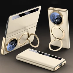 Magnetic Leather Case with 360° Ring Stand & Smart View Window - Full Body Protective Flip Cover for Honor Magic V6 (Gold)