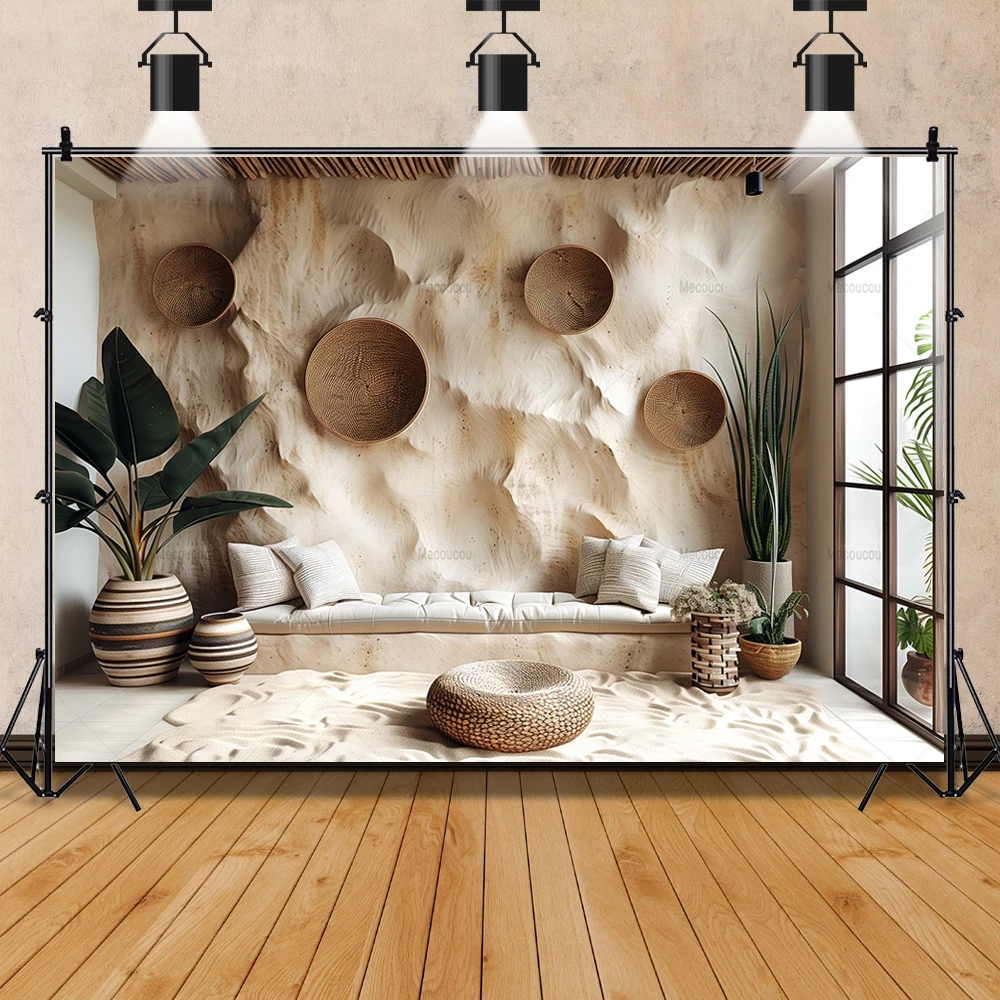 식물 파라다이스 써니 웨스트 보헤미안 스타일 벽 및 무성한 녹색 식물, 실내 사진 촬영 커스텀 배경 사진 스튜디오