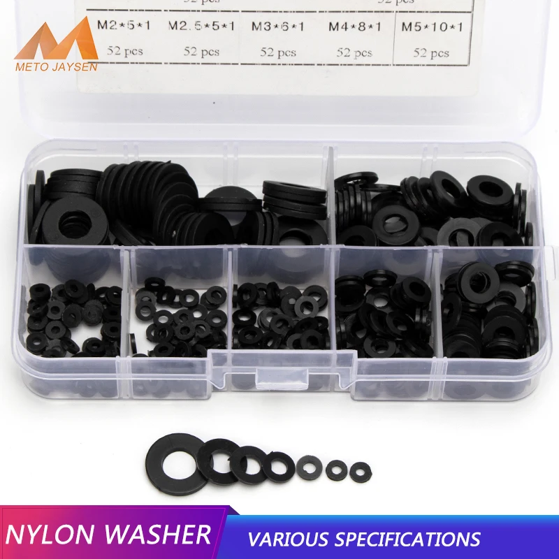 350pcs/364pcs Nylon Washer Flat Gasket HARD TYPE Plastic Sealing O-rings Assortment Kit M2 M2.5 M3 M4 M5 M6 M8 Protection Washer black nylon screw insulation gasket ring plastic flat washer m2 5 m3 m4 m5 m6 m8 spacer screw ring 350 pcs assortment sets