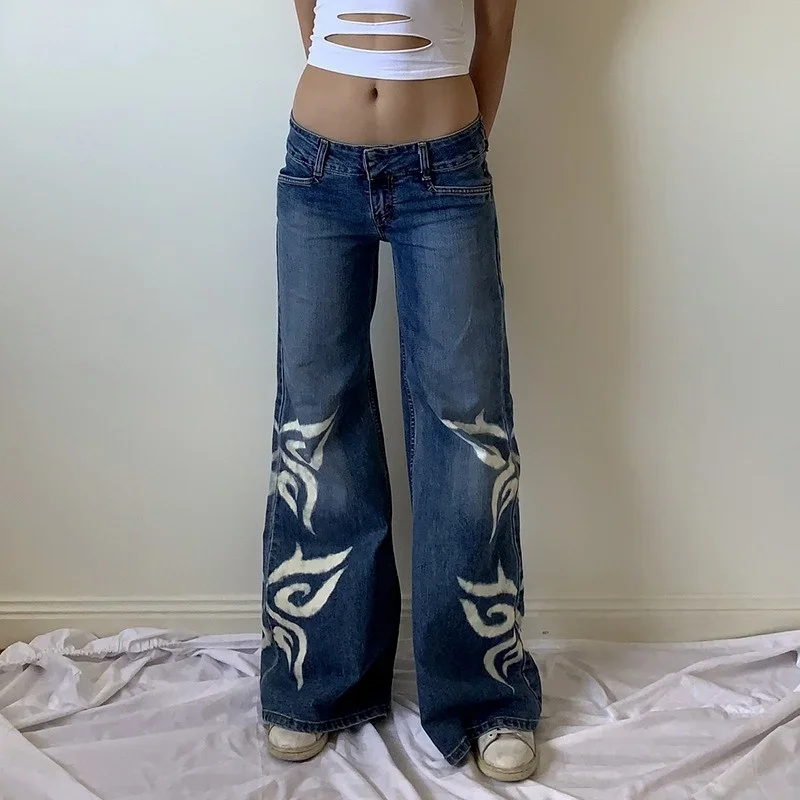 Printed Jeans Women's Old Style Butterfly Print Wide-leg Straight-leg Women's Jeans 2023 Fall/winter New Trousers Low Waist
